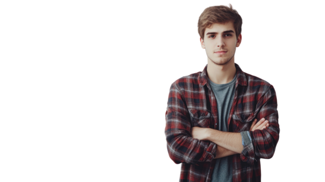 Confident young man in plaid shirt, standing with arms crossed against white background.