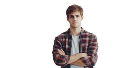 Confident young man standing with arms crossed, wearing a plaid shirt against a white background.