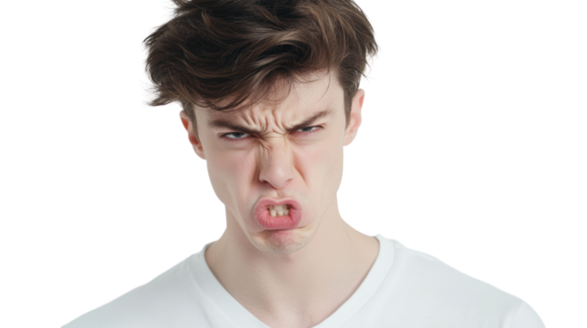 Angry young man expressing frustration with a scowl on his face, isolated on a white background.