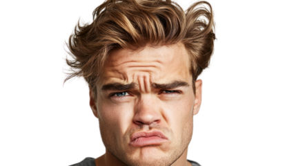 Man making a funny face with a furrowed brow and pouting lips against a white background.