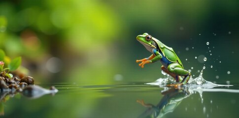 Frog jumping out of water, frog, motion, aquatic