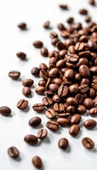 Obraz premium Freshly roasted coffee beans scattered on a white surface, food, white, roast