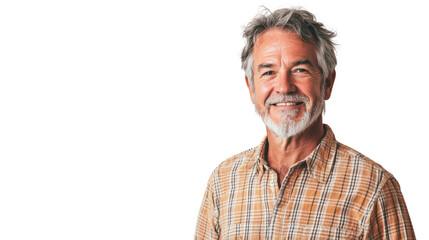 Fototapeta premium A smiling older man with gray hair wearing a plaid shirt, exuding warmth and friendliness against a white background.