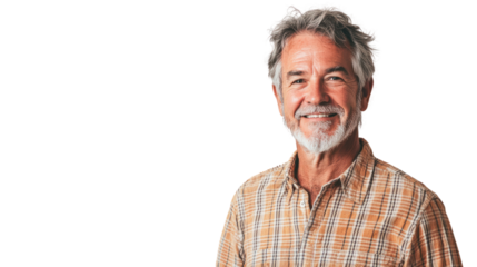 A smiling older man with gray hair wearing a plaid shirt, exuding warmth and friendliness against a white background.