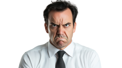 Angry businessman with furrowed brow, isolated on white background, expressing frustration and disappointment.