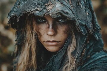A Mysterious Young Woman with Long Hair Captured in a Dark, Weathered Hood, Portraying a Gritty and Resilient Spirit Amidst a Nature Background