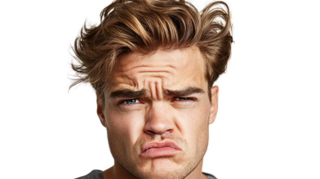 Man making a funny face with a furrowed brow and pouting lips against a white background.