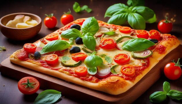 fresh homemade square pizza with vegetables and basil on cutting board generative ai