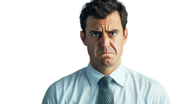 A serious businessman displaying a concerned expression, isolated on a white background.