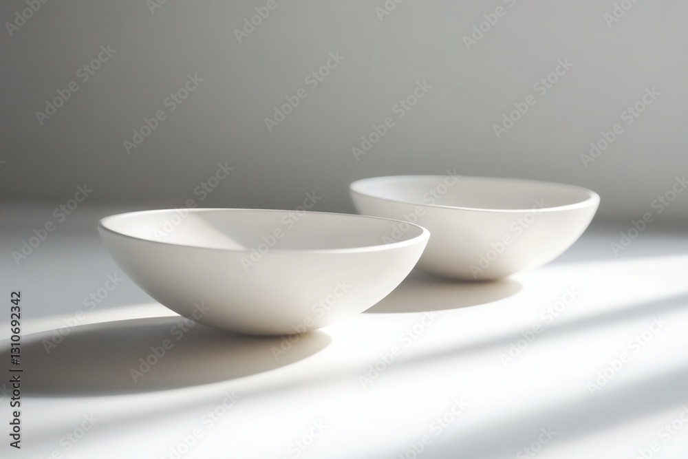 Aufkleber floating minimalist bowls on a white surface with soft shadows creating elegant reflections and a fu