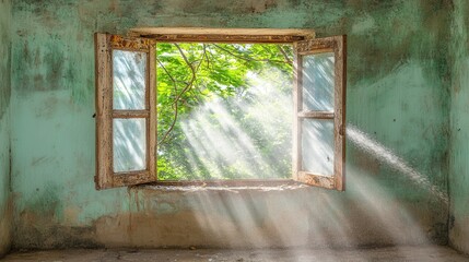 Sunlight Streaming Through Open Window into Abandoned Room Space