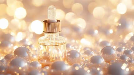 Glass dropper bottle of serum on pearl beads with bokeh lights.