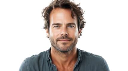 Portrait of a smiling man on a white isolated background, exuding confidence and warmth.