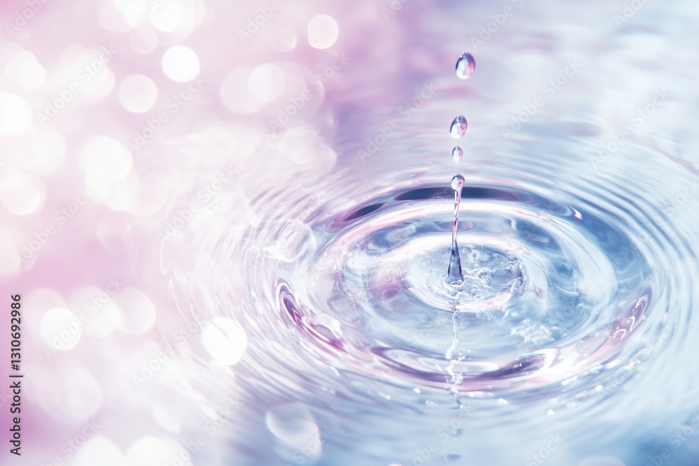 Wall mural water droplet falling, creating concentric ripples on a pastel surface with bokeh background.