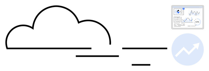 Cloud with growing arrow and data dashboard symbolize future tech, analytics, innovation, growth. Ideal for technology, data visualization, cloud storage, business development, optimization