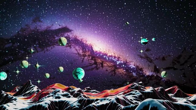 Surreal video concept with a cosmic landscape. Low-angle view of planets and stars over mountains, blending retro and futuristic styles.