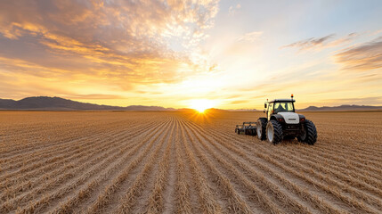 Fototapeta premium lone tractor sits idle in empty field at sunset, creating serene landscape