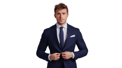 Confident man in a suit adjusting his jacket, isolated on white background.