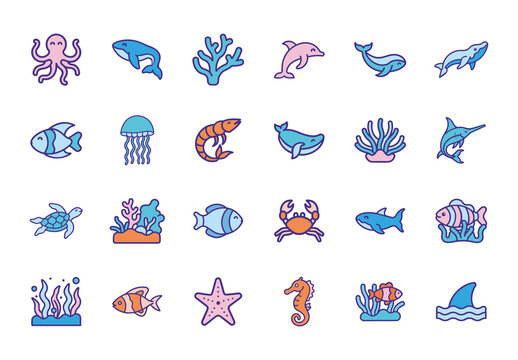 Blue and Orange Marine Life Icons Set