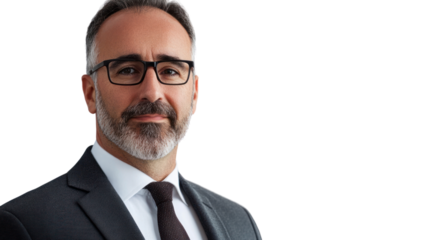 Confident businessman in a suit, portrait on a white background.