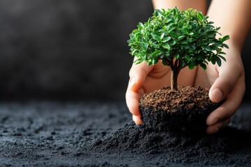 Close-up of Hands Nurturing a Small Green Tree Plant in Soil on a Dark Background, Symbolizing Growth, Care, Environmental Awareness, and Sustainability