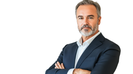 Confident businessman in a suit with crossed arms, isolated on white background.