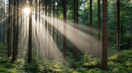Obraz premium misty pine forest at dawn with sun rays shining through trees