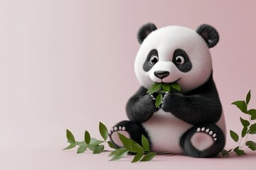 Adorable cartoon panda cub sitting on pink background, happily munching on fresh bamboo leaves.