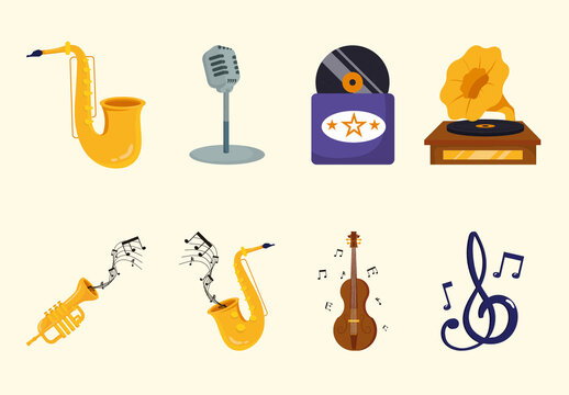 Yellow and Brown Jazz Music Icons Set