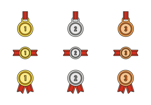 Yellow and Red Award Medal Icons Set