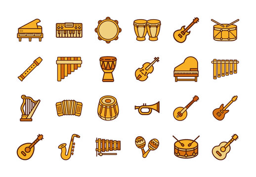 Yellow and Orange Music Instruments Icons Set