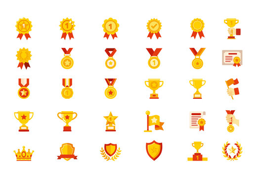 Yellow and Red First Place Ribbon Icons Set