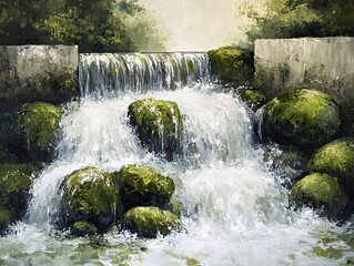 Obraz premium Enchanting Waterfall Cascading Through Lush Greenery in Serene Forest Landscape