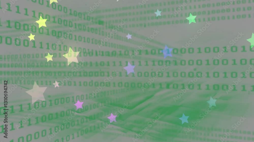 Poster binary code and colorful stars animation over green abstract background