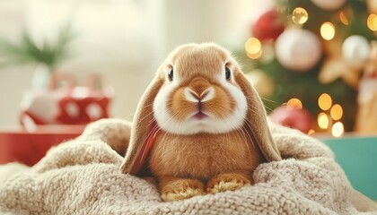 Fototapeta premium Cute Bunny Sitting Comfortably on Blanket Surrounded by Holiday Decor