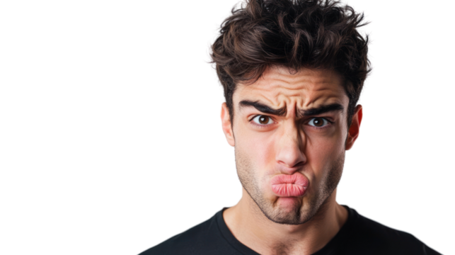 Young man making a funny face, expressing confusion or irritation, white isolate background.