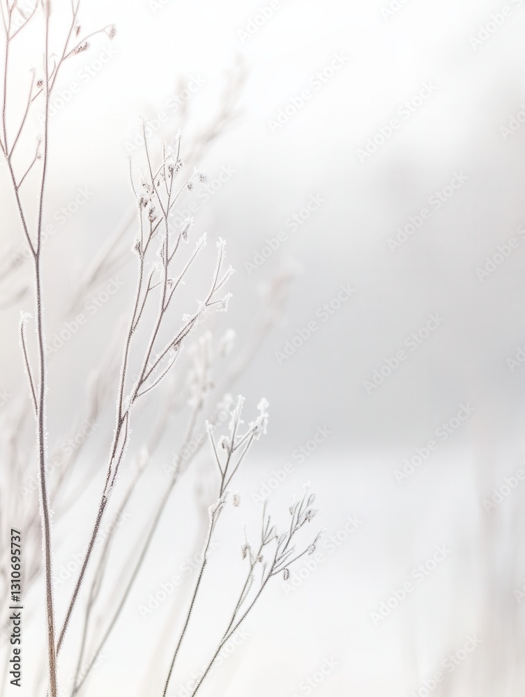 Leinwandbilder Frozen ice crystals on delicate branches create an abstract frost effect enhancing the soft winter aesthetics of a serene landscape