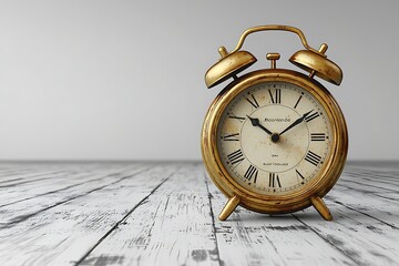 Vintage Alarm Clock on White Wood Floor.