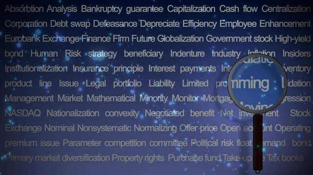 Animation of magnifying glass over financial terms, focusing on mining and business