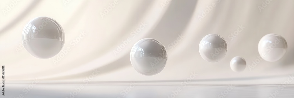 Poster Floating minimalist 3D shapes with soft shadows create a futuristic design on an elegant white background