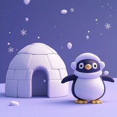 Cute cartoon penguin near an igloo in a snowy landscape.