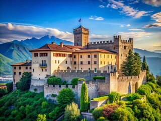 Minimalist Trento Castello del Buonconsiglio: Italian Castle Architecture,  Historic Landmark,  Colorful Walls,  Mountain Scenery
