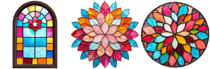 Collection of stained glass windows with floral and geometric patterns. Decorative elements for interior design and architecture.
