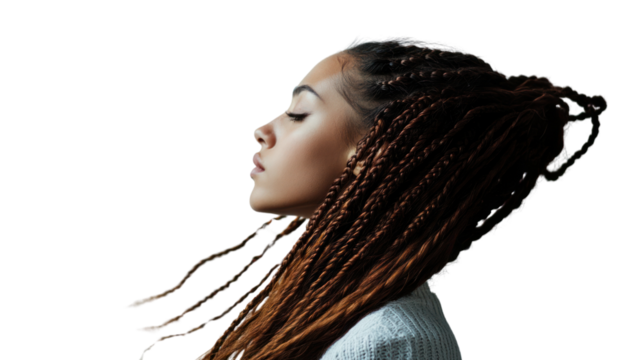 Profile view of a woman with intricate braided hair, showcasing elegance against a white background.