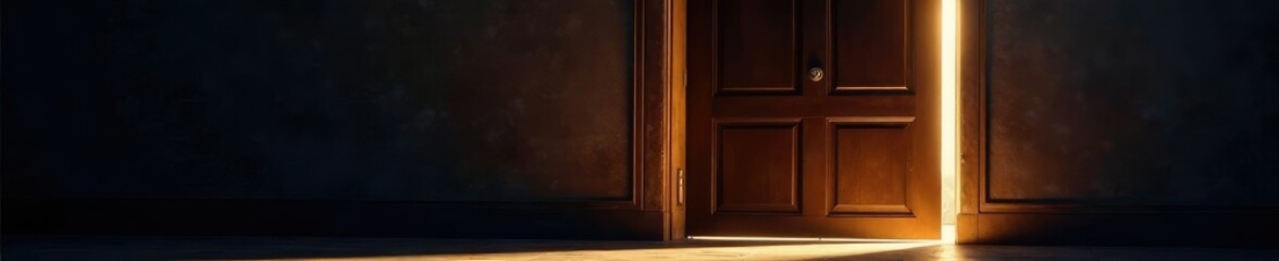 dimly lit door with light spilling from beneath, illumination, allure, light
