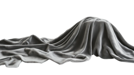 A gray fabric draped artfully on a surface, creating elegant folds and shadows, isolated on a white background.