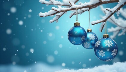 Fototapeta premium Hanging spherical decorations in shades of blue and white with snowflake patterns on a branch, branch, frosty, winter