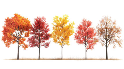 Fototapeta premium Colorful autumn trees with vibrant leaves in shades of red, orange, and yellow against a white isolate background.