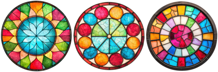 Three colorful stained glass windows with circular designs.