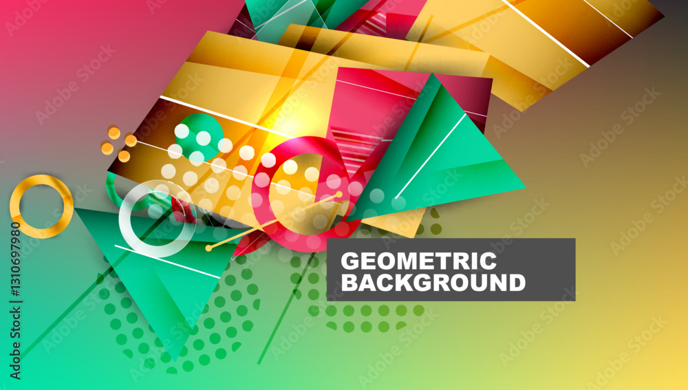 Leinwandbilder Abstract background - overlapping circles, rectangles, and triangles with vibrant gradients. Semi-transparent shapes create depth and balance